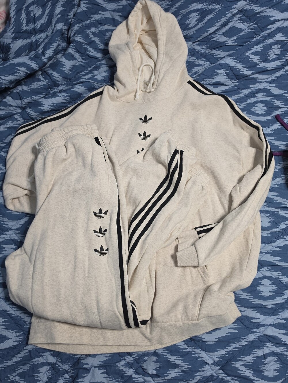 adidas Women’s Cream Crewneck Hoodie and Sweatpants Set with Black Stripes